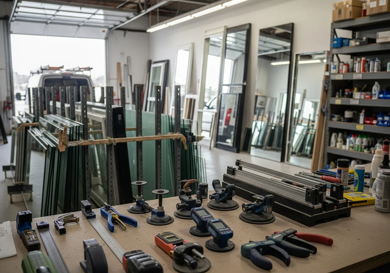 Shop floor with glass panels, window frames, and installation tools organized for residential and commercial projects.