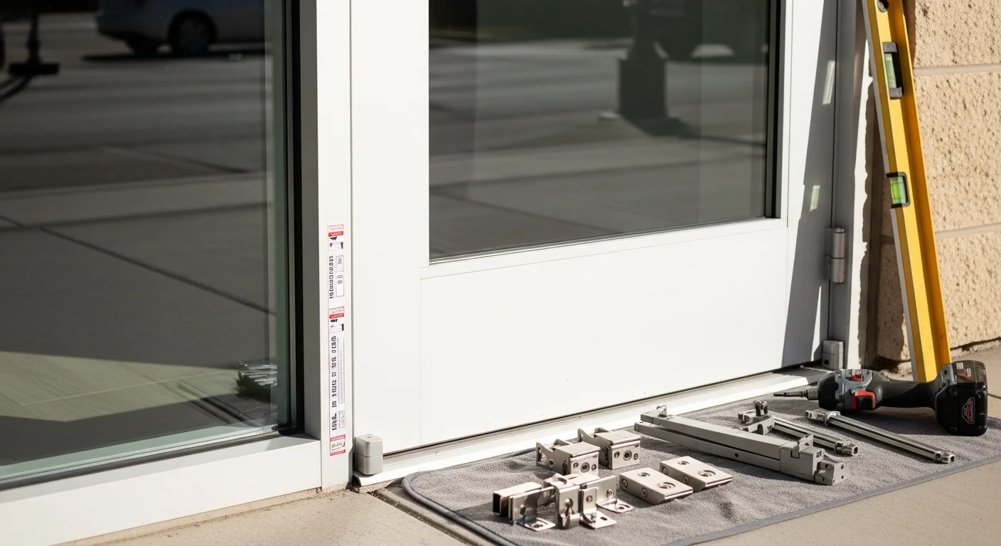 A newly installed commercial aluminum and glass entry door on a Sandy, Utah office building exterior. The door frame is flush with the storefront facade, with hardware visible and the surrounding masonry in clean condition.