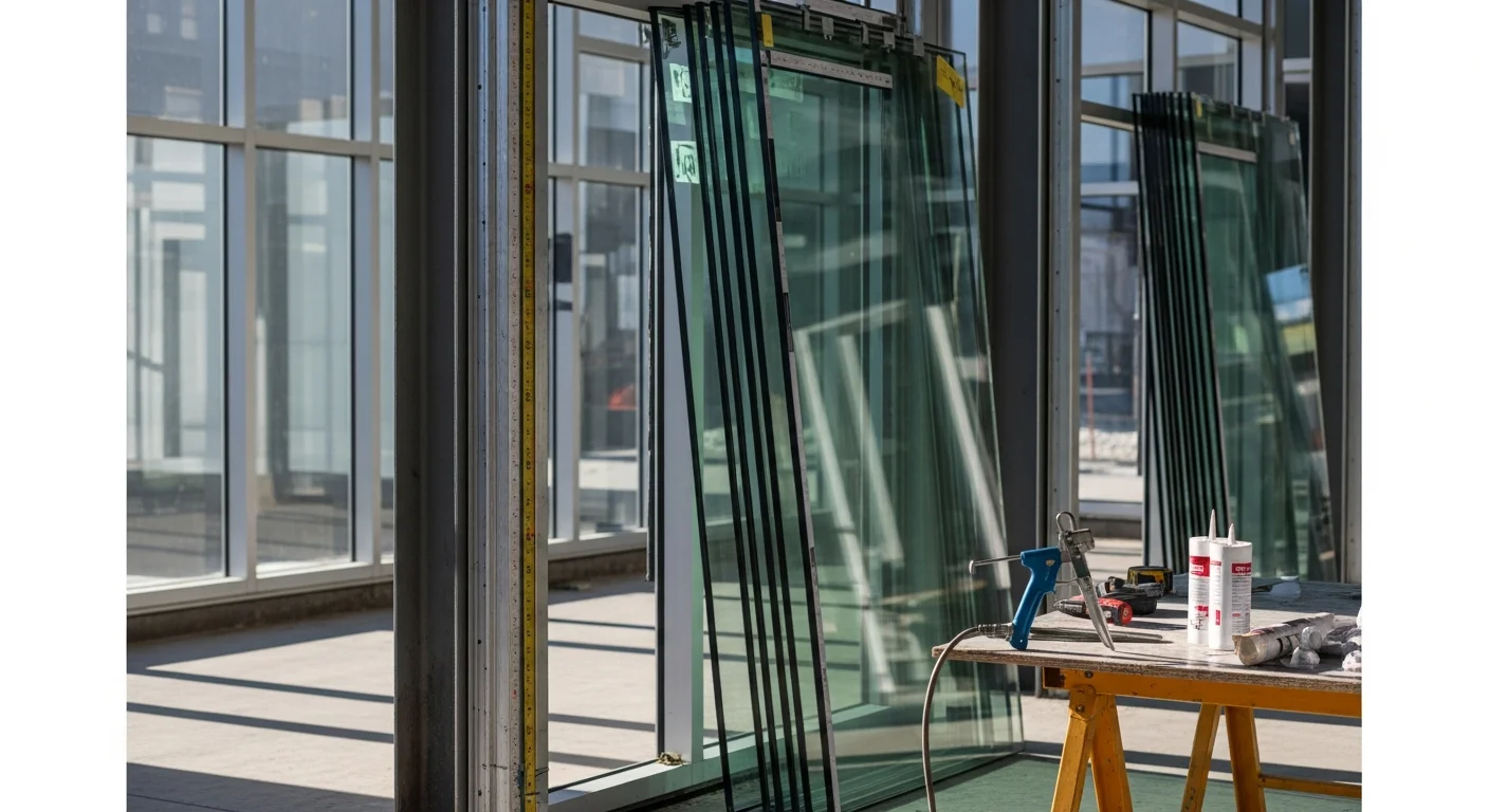 A completed commercial glass storefront installation on a multi-story office building in Sandy, Utah, showing floor-to-ceiling glazing panels and aluminum framing along a street-facing facade. The installation reflects the surrounding Wasatch Mountain skyline and the building's modern exterior finish.