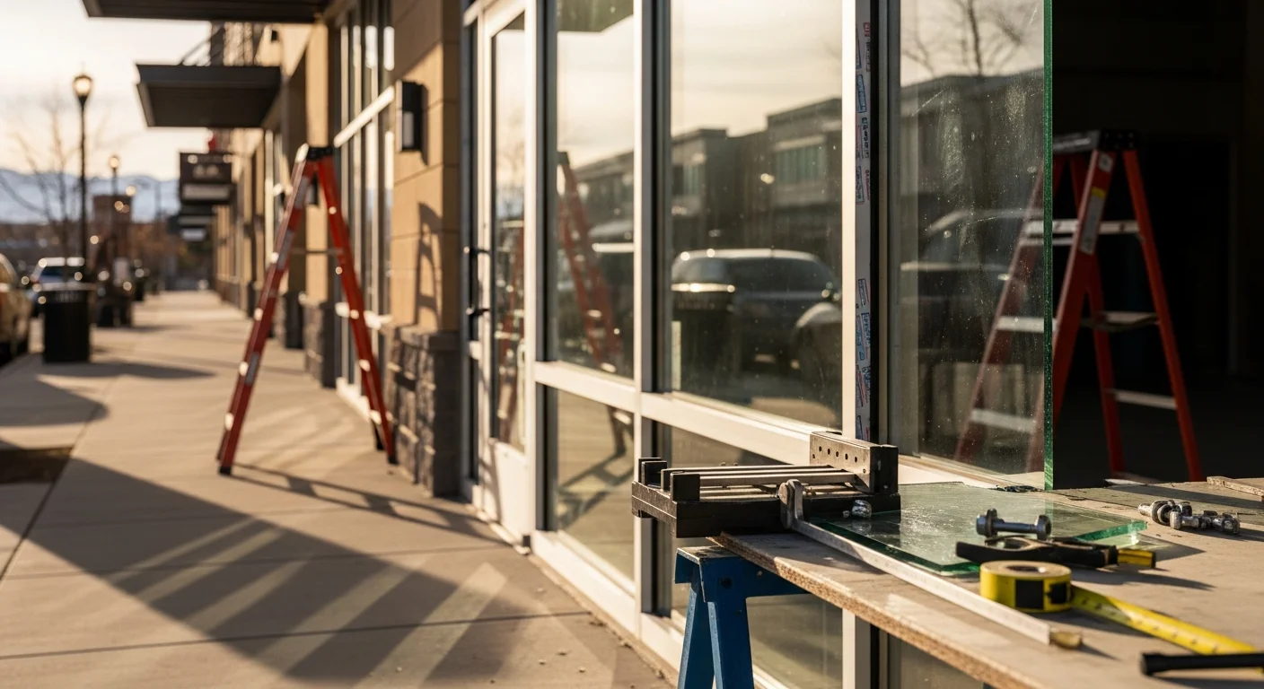 A freshly replaced clear storefront glass panel on a commercial building in Sandy, Utah, with clean aluminum framing and a visible retail interior. A Complete Construction technician inspects the finished installation from the sidewalk.