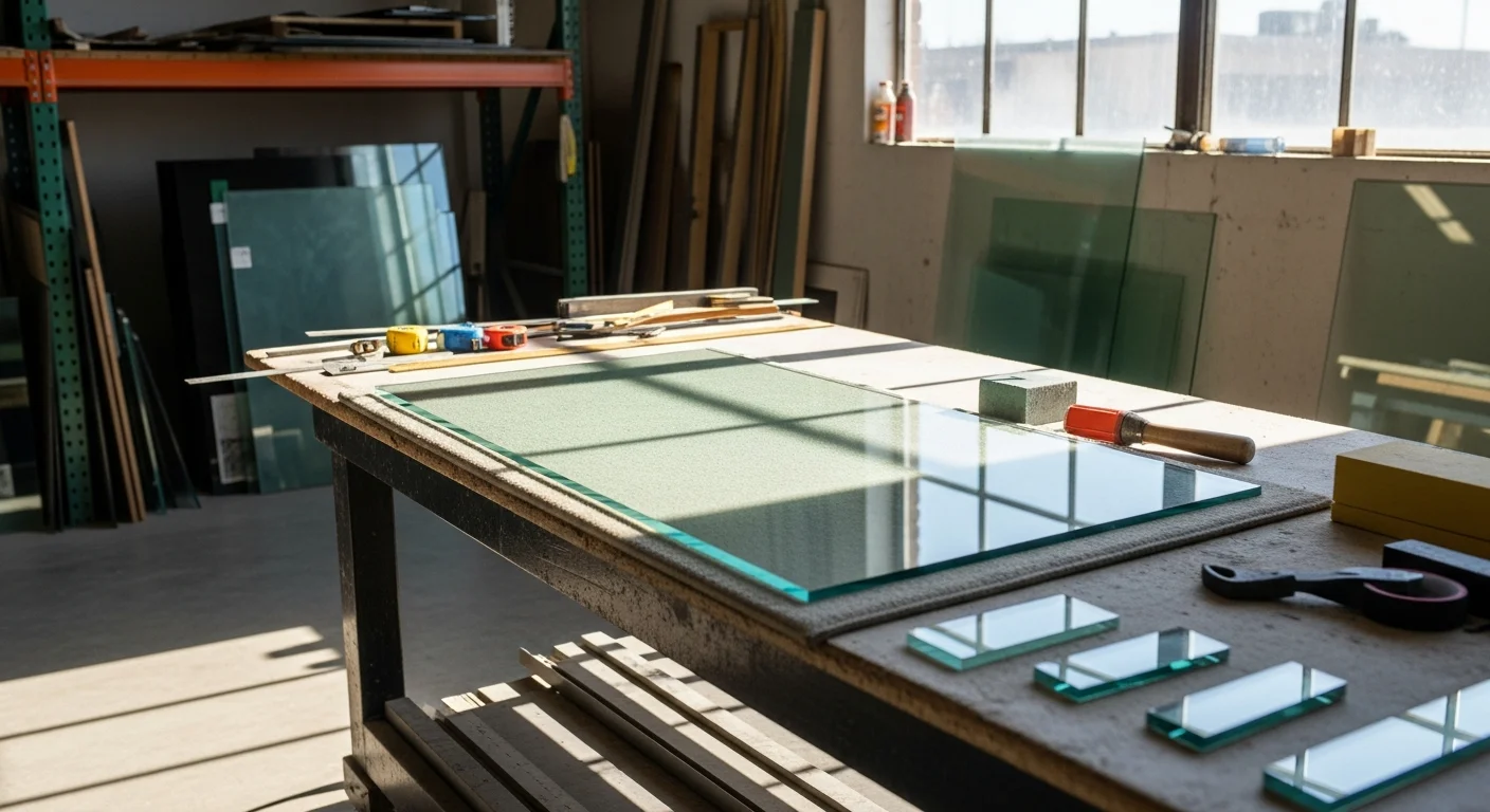 A freshly installed custom cut glass tabletop with polished edges resting on a wood dining table inside a Sandy, Utah home. A second panel shows a cut-to-size glass shelf mounted in a bathroom with clean, finished edges.