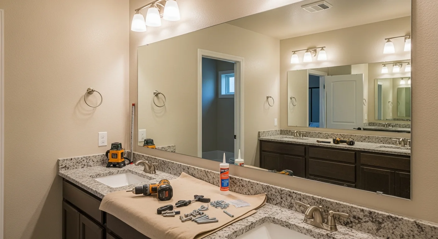 A large frameless mirror professionally mounted above a double vanity in a Sandy, Utah home bathroom. The mirror sits flush against a tiled wall with even spacing on all sides.