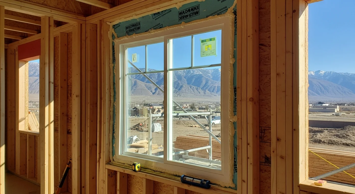 A newly framed single-family home in Sandy, Utah with new construction windows set into open stud framing before exterior sheathing is applied. Window nailing fins are visible against the rough framing with fresh flashing tape at each opening.