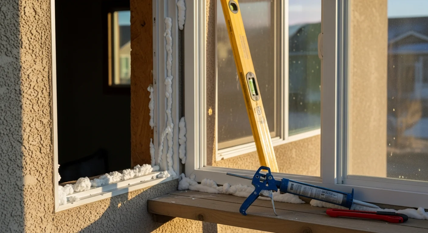 A Complete Construction installer fitting a new window into a single-family home in Sandy, Utah, with the Wasatch Mountains visible in the background. The finished install shows a clean frame seal on a ranch-style home exterior.