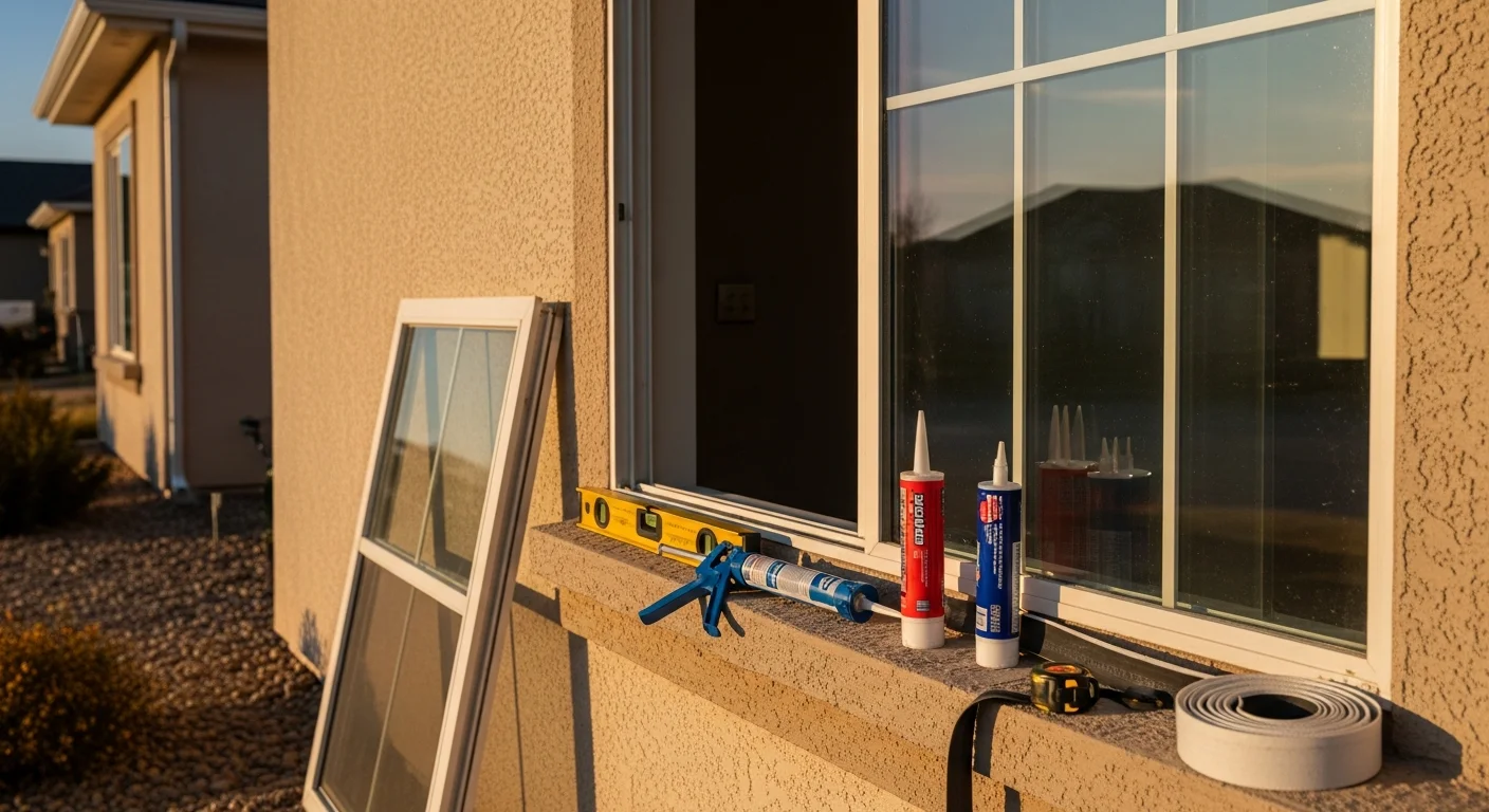 A Complete Construction installer fitting a new retrofit window unit into an existing frame opening on a single-story Sandy, Utah home. The surrounding exterior trim and interior drywall remain undisturbed during the installation.
