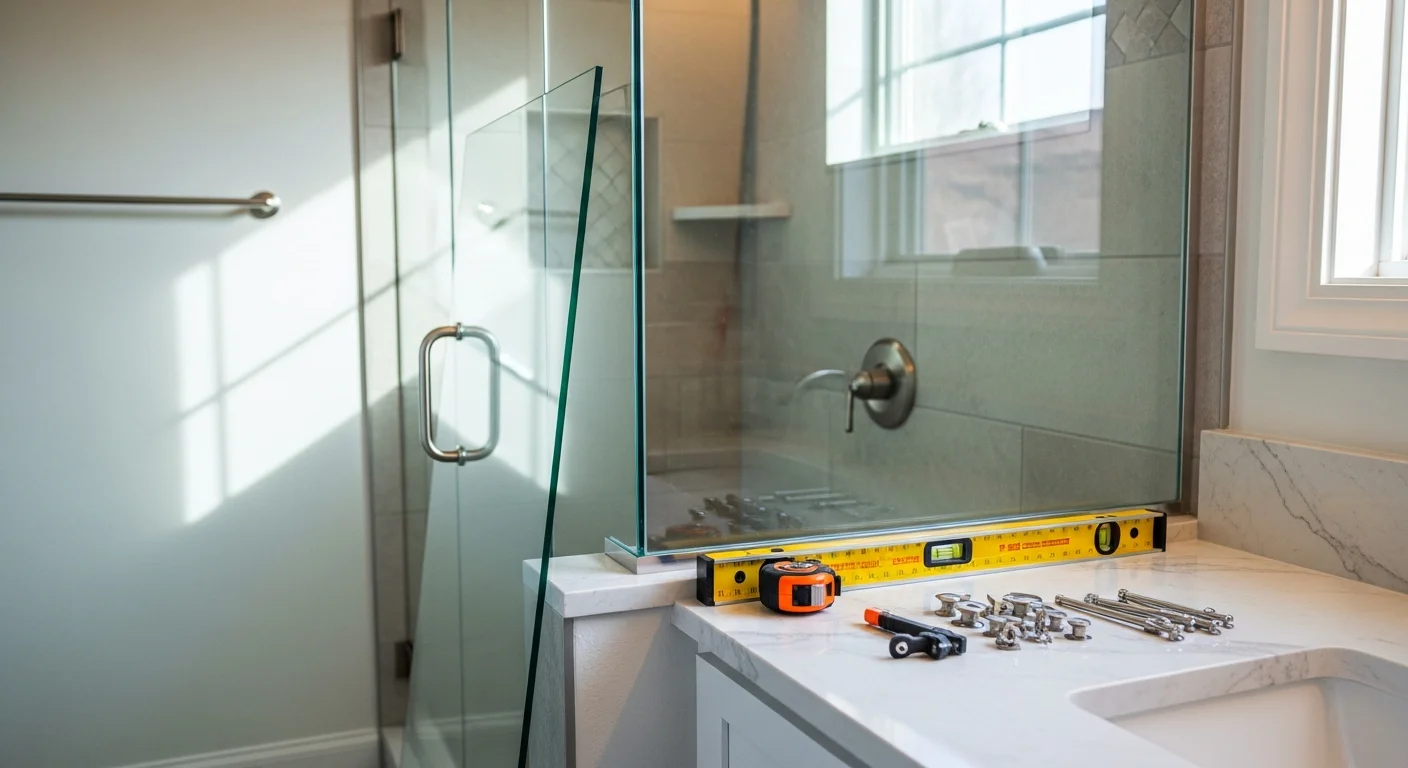 A custom frameless glass shower enclosure installed in a Sandy, Utah home bathroom, showing clear tempered glass panels, minimal hardware, and a tiled shower interior visible through the glass.