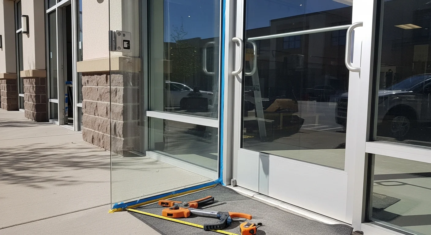 A freshly installed clear commercial storefront glass system on a retail building in Sandy, UT, with a glass entry door and aluminum framing. The glass panels are clean and unobstructed, showing the interior of the business from the sidewalk.