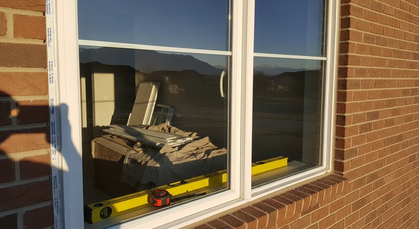 A newly installed replacement window on a single-family home exterior in Sandy, Utah, with clean framing and a clear view of the Wasatch Front in the background. A Complete Construction installer checks the window seal and latch during a final inspection.